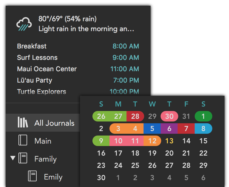 Lifecraft sidebar showing weather and schedule.